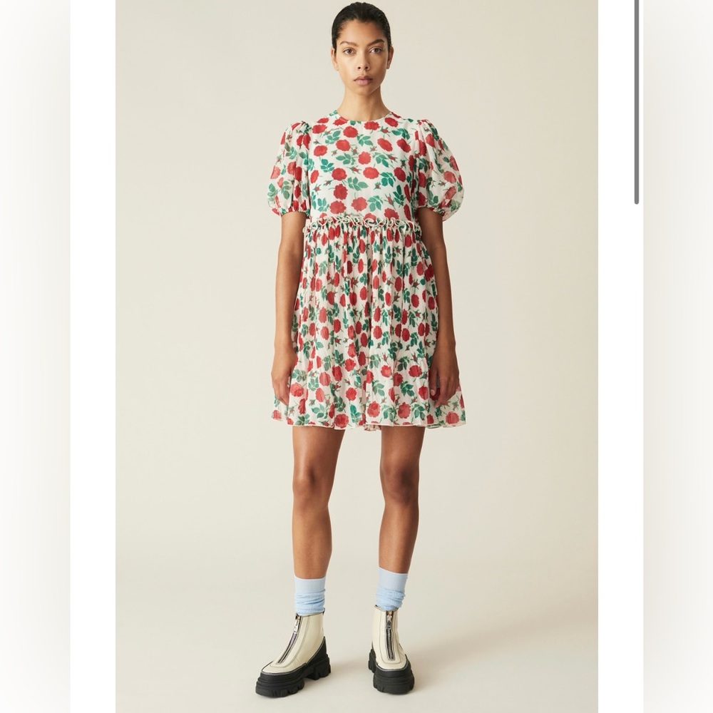 GANNI pleated Georgette rose print mini dress